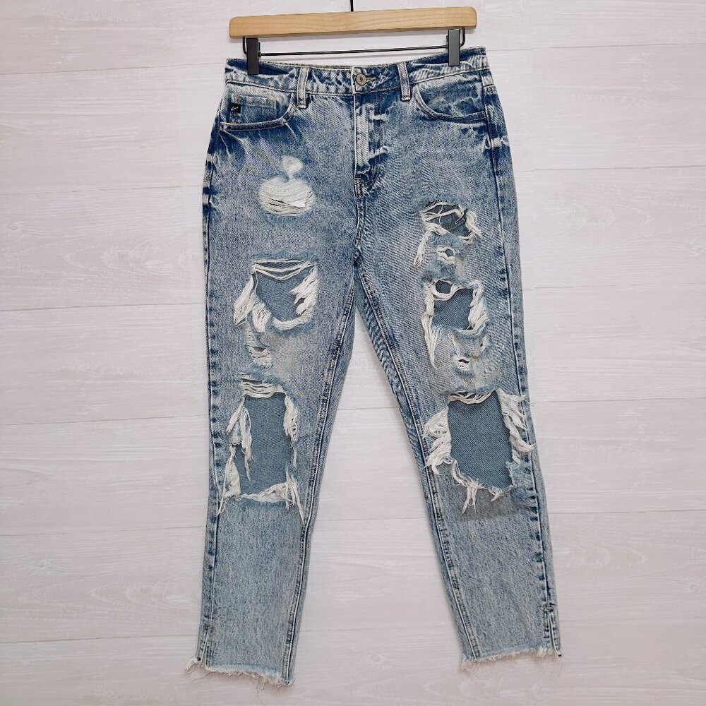 Kancan Women's Light Wash High Rise Heavily Distressed Ankle Length Mom Jean